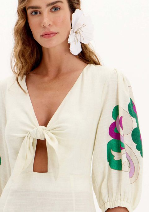 Vestido Super Midi Estampado Com Mangas Médias E Amarração