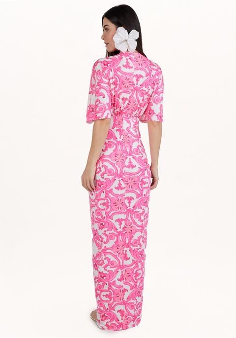 Vestido Super Midi Estampado Com Franzidos E Mangas Curtas