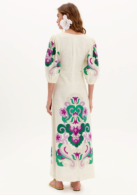 Vestido Super Midi Estampado Com Mangas Médias E Amarração