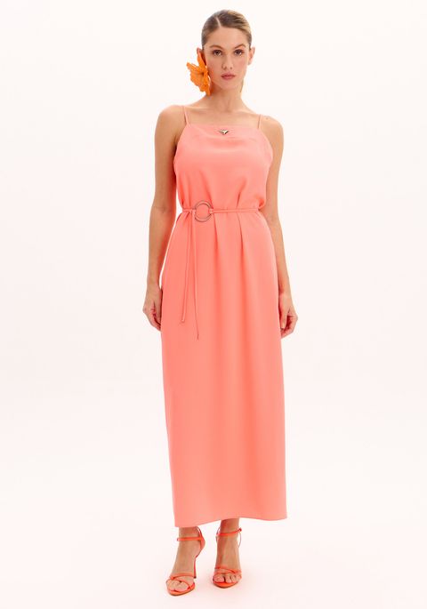 Vestido Solto Super Midi De Alças Com Aplique Frontal