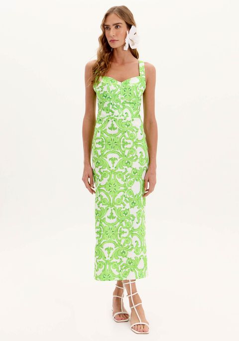 Vestido Super Midi Estampado Com Alças E Decote Coração