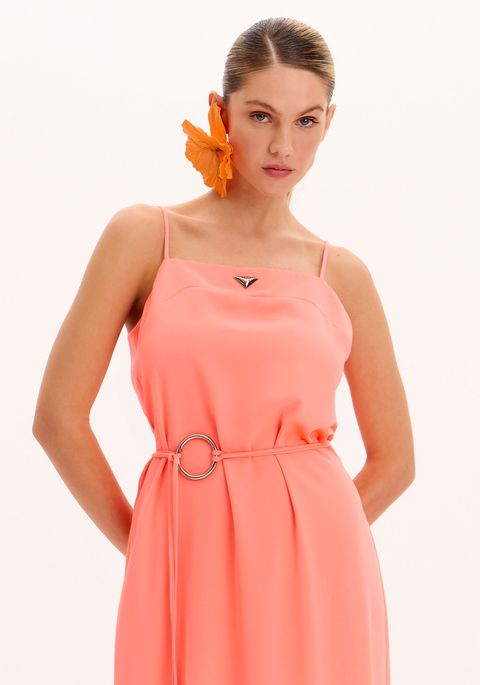 Vestido Solto Super Midi De Alças Com Aplique Frontal
