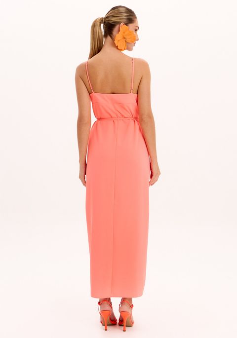 Vestido Solto Super Midi De Alças Com Aplique Frontal