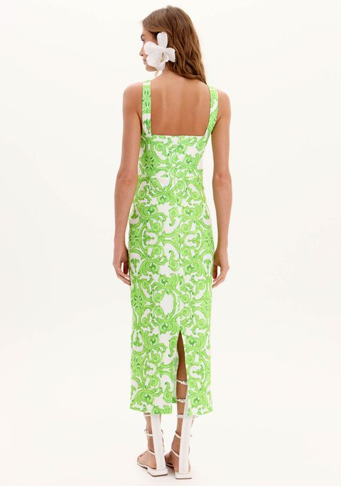 Vestido Super Midi Estampado Com Alças E Decote Coração