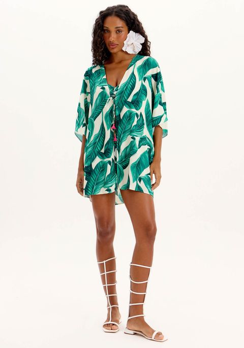 Kaftan Curto Estampado Com Amarração Frontal