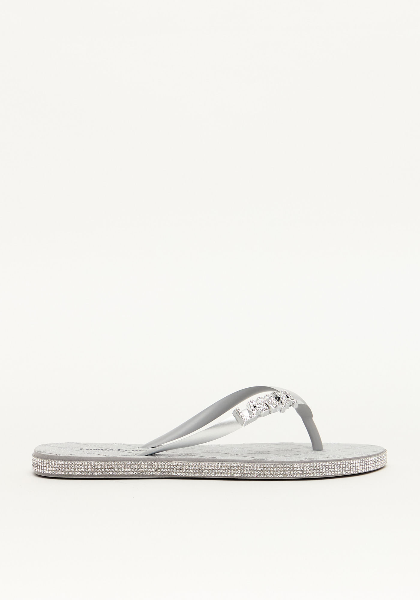 Chinelo De Tiras Com Letreiro E Brilhos Na Sola
