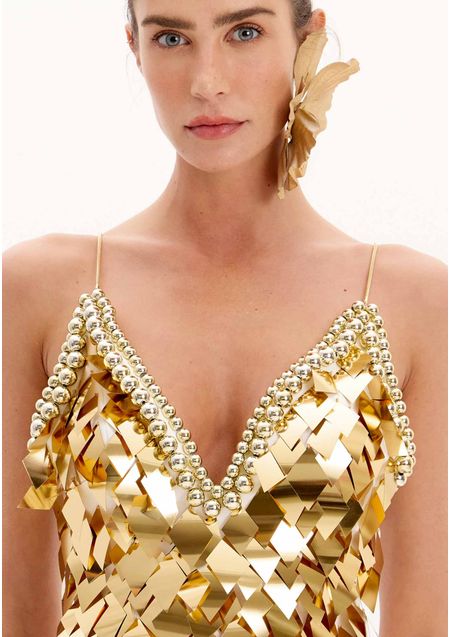Vestido Curto De Alças Com Aplicações E Decote V