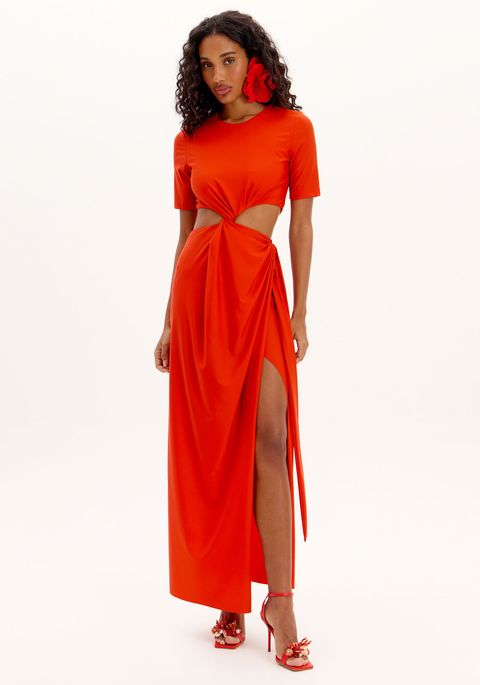 Vestido Longo De Mangas Curtas Com Torção