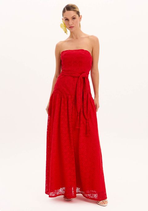 Vestido Longo Renda Sem Alças Com Faixa
