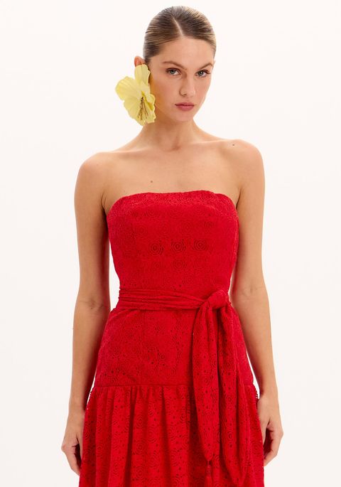 Vestido Longo Renda Sem Alças Com Faixa