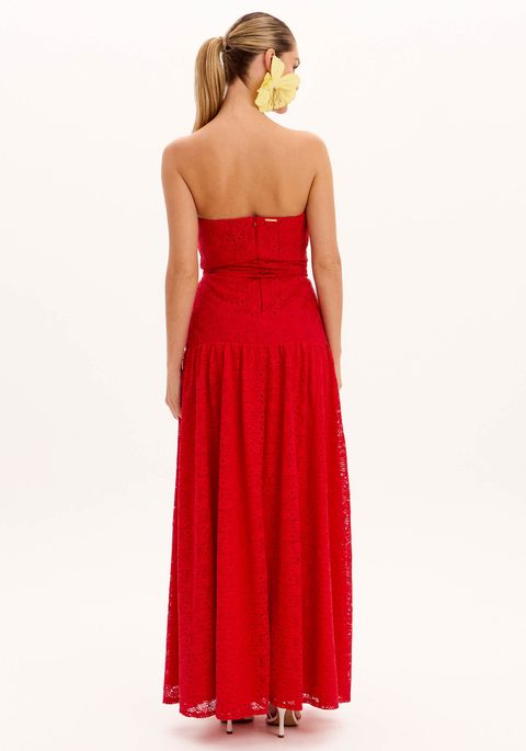 Vestido Longo Renda Sem Alças Com Faixa
