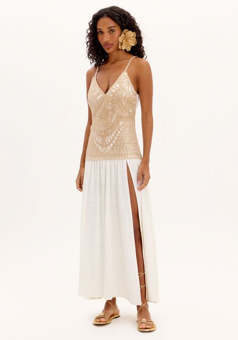 Vestido Longo De Alças Com Fenda E Decote V