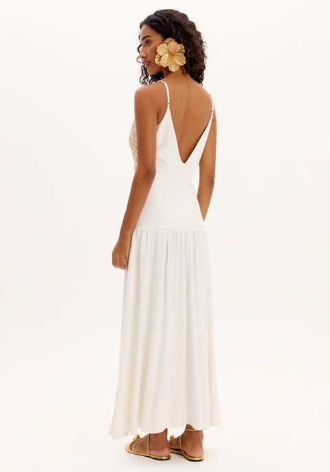 Vestido Longo De Alças Com Fenda E Decote V
