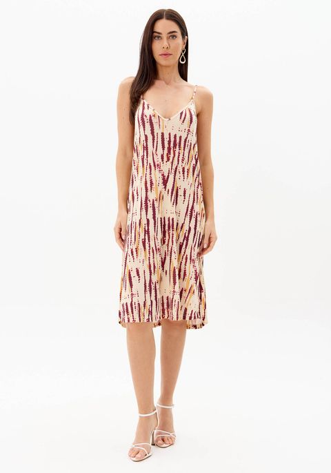 Vestido Midi Estampado De Alças Com Decote V