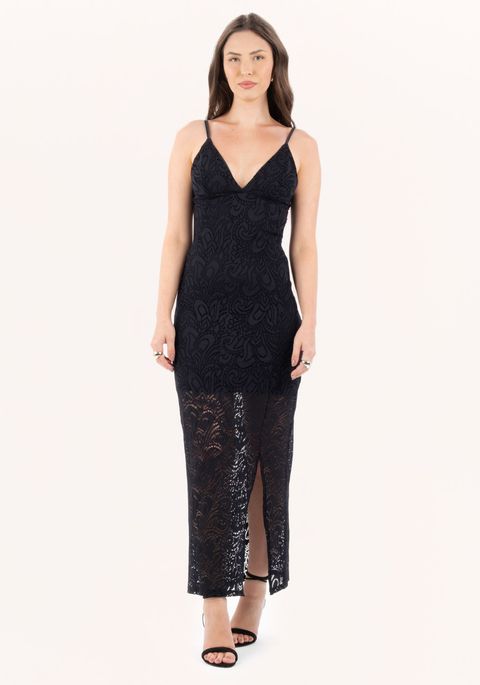 Vestido Midi Com Fenda E Decote V