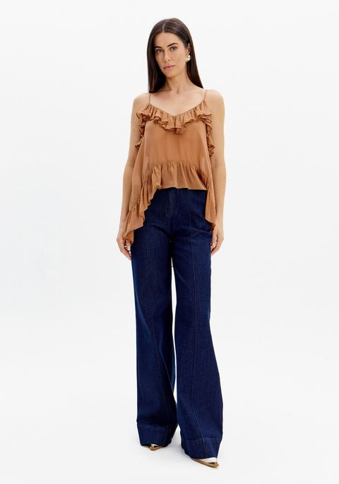 Calça Jeans Wide Leg Cintura Alta Frisos