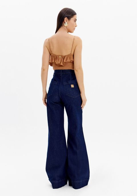 Calça Jeans Wide Leg Cintura Alta Frisos
