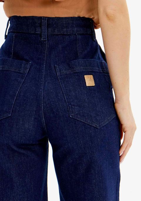 Calça Jeans Wide Leg Cintura Alta Frisos