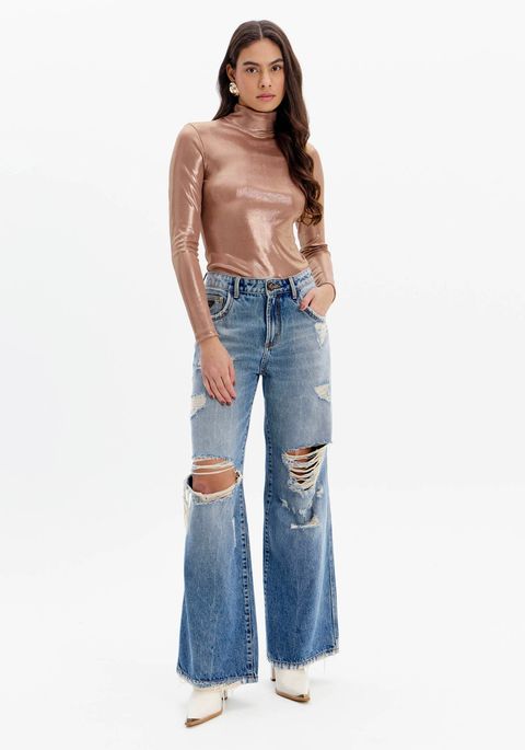 Calça Jeans Wide Leg Com Cintura Alta