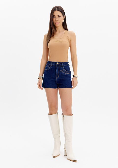 Short Jeans Comfort Cintura Alta Bordado