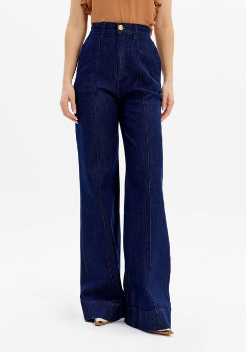 Calça Jeans Wide Leg Cintura Alta Frisos