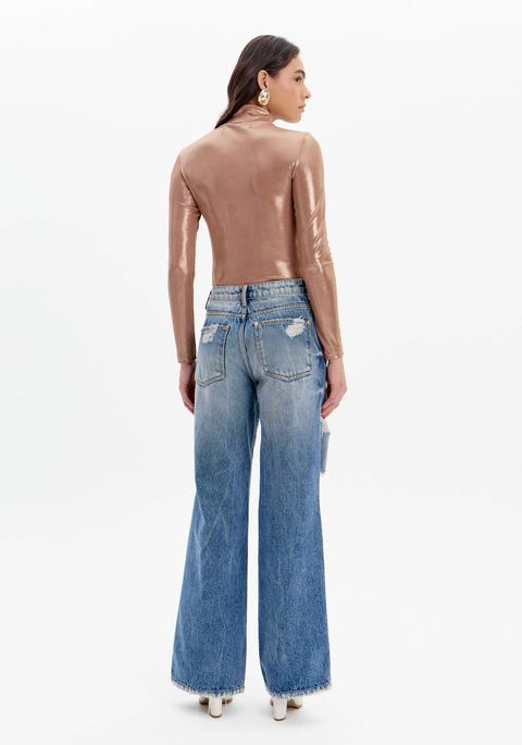 Calça Jeans Wide Leg Com Cintura Alta