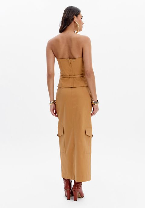 Saia Super Midi Cintura Alta Com Bolsos