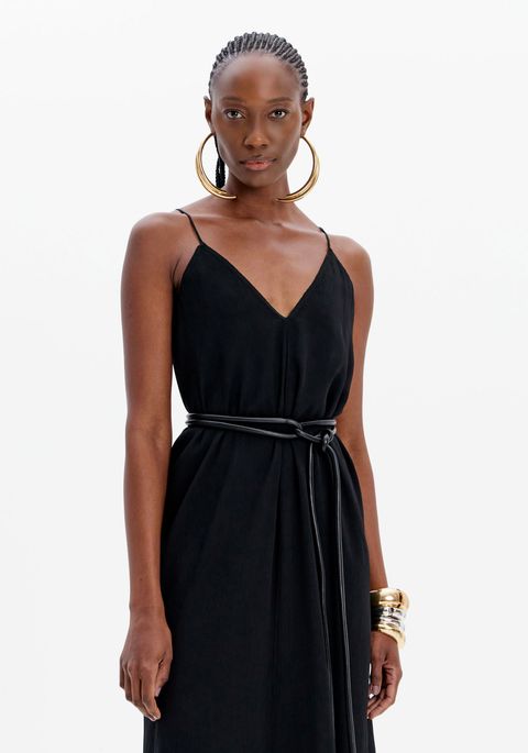 Vestido Longo Fluido De Alças Com Cinto E Decote V