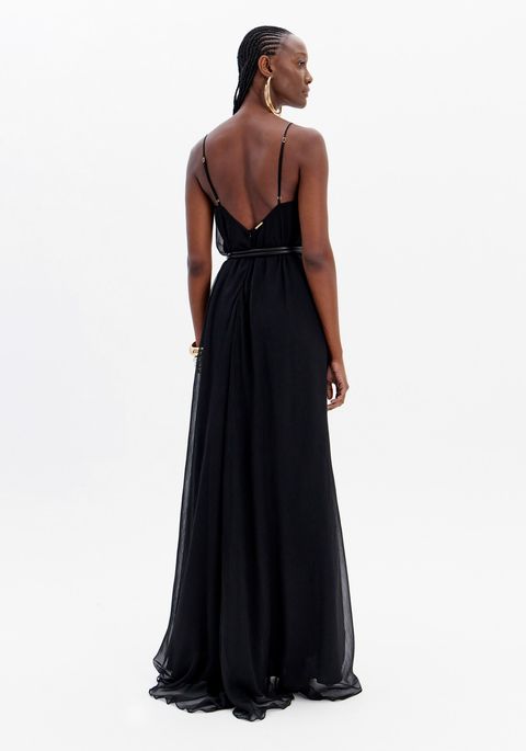 Vestido Longo Fluido De Alças Com Cinto E Decote V