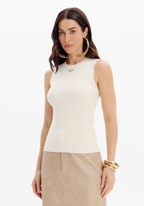 Blusa Regata Básica Tricot Com Aplique