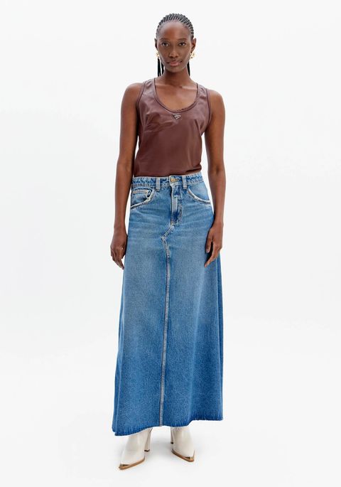 Saia Jeans Longa Evasê Com Cintura Alta