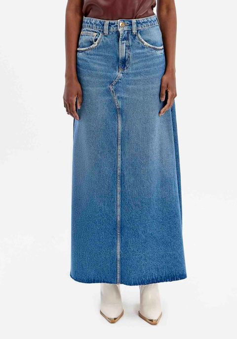 Saia Jeans Longa Evasê Com Cintura Alta