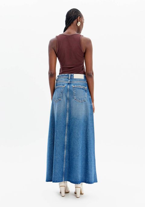 Saia Jeans Longa Evasê Com Cintura Alta
