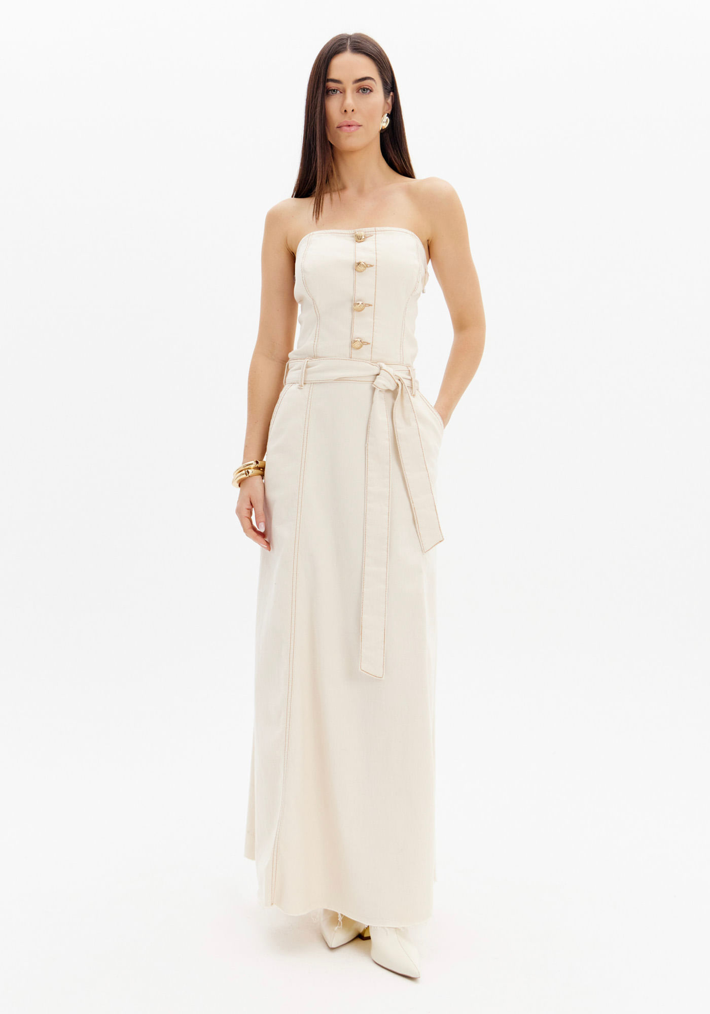 Vestido Sarja Evasê Longo Com Faixa