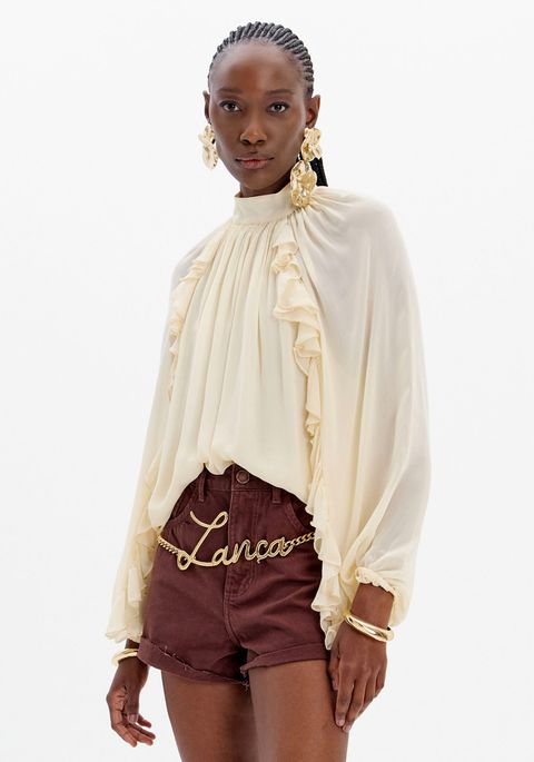 Blusa De Chiffon Gola Alta E Babados