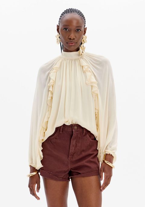 Blusa De Chiffon Gola Alta E Babados