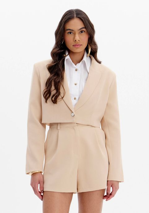 Blazer Cropped Manga Longa Com Botão