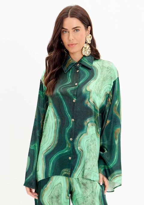 Camisa Estampada Com Botões E Mangas Flare