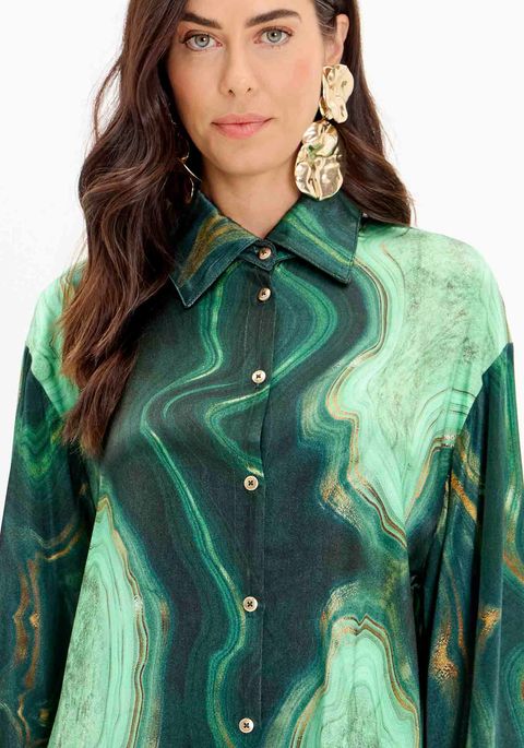 Camisa Estampada Com Botões E Mangas Flare