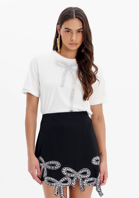 Blusa T-shirt Manga Curta Laço Brilhos
