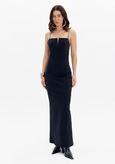 Vestido Super Midi Com Aplique Alças
