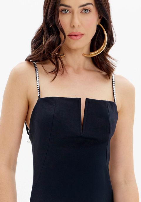 Vestido Super Midi Com Aplique Alças