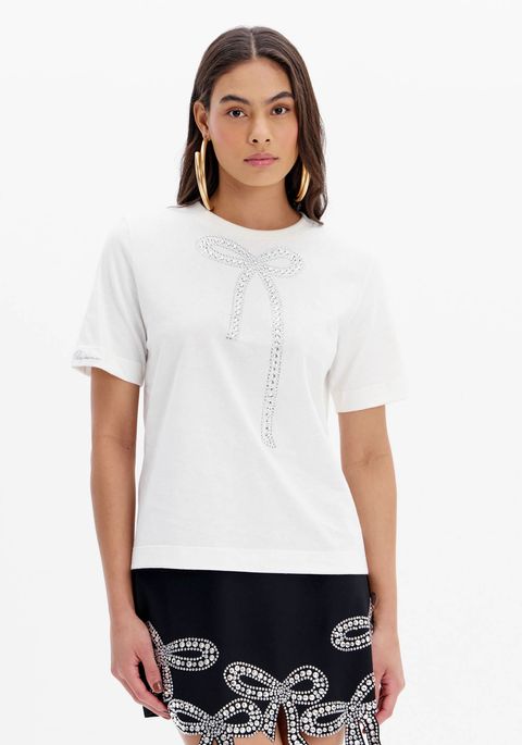 Blusa T-shirt Manga Curta Laço Brilhos