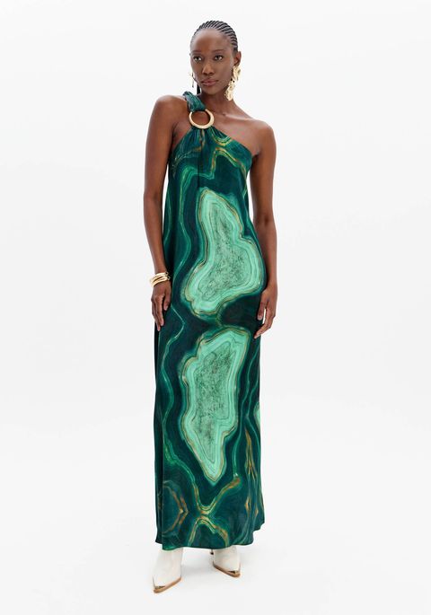 Vestido Longo Ombro Único Estampado Com Argola