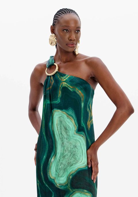 Vestido Longo Ombro Único Estampado Com Argola