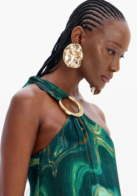 Vestido Longo Ombro Único Estampado Com Argola
