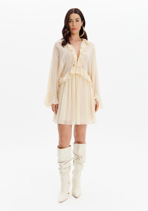 Vestido Curto Amplo Manga Longa Babados