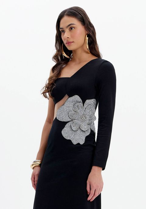 Vestido Super Midi Ombro Único Com Recorte E Aplicação