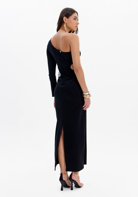 Vestido Super Midi Ombro Único Com Recorte E Aplicação