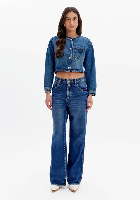 Calça Jeans Full Length Com Cintura Alta E Bolsos